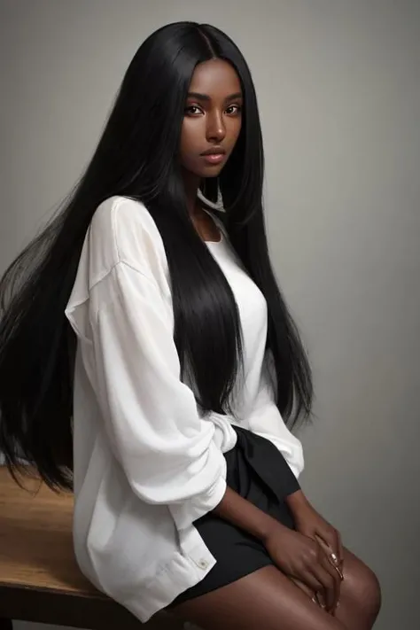 Girl with long black hair, dark skin, medium brunette, and small, thin, with a loose T-shirt. 