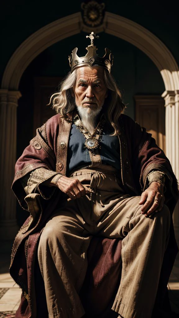 old wise man, dramatic lighting, wearing old outfits, thorned clothes, regal crown