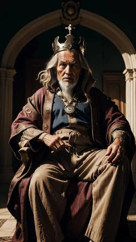 old wise man, dramatic lighting, wearing old outfits, thorned clothes, regal crown