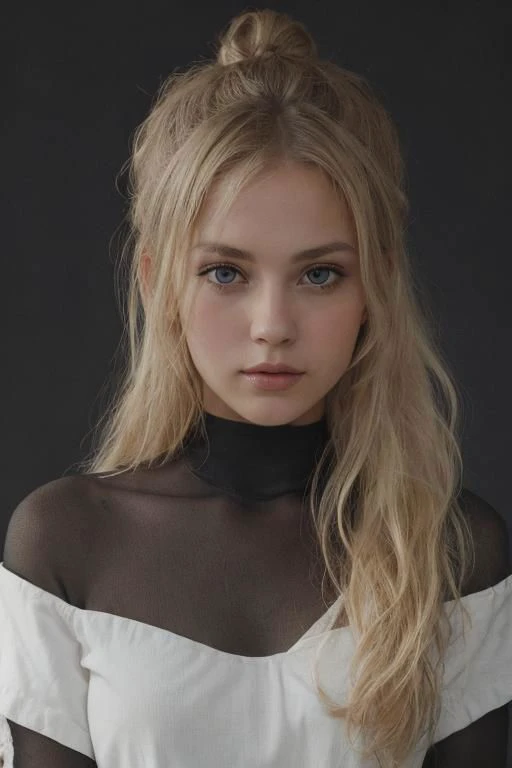 an eye contact of a blond with bun hair and dark theme