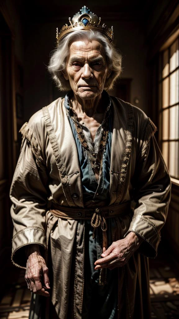 old wise man, dramatic lighting, wearing old outfits, thorned clothes, regal crown, realistic anime style, hybrid reality, background of Destruction <lora:add_detail:1> <lora:Animesh-Lora:1>