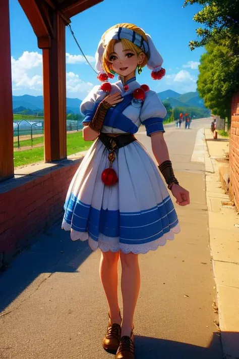 masterpiece, best quality, elena_grandia, blonde hair, jewelry, brown eyes, short hair, earrings, head scarf, white shirt, high collar, puffy sleeves, bracers, short sleeves, knee-length shorts, shorts, blue shorts, red baubles, black sash, brown shoes, smile, hand on own chest, village, summer, full body, singing
