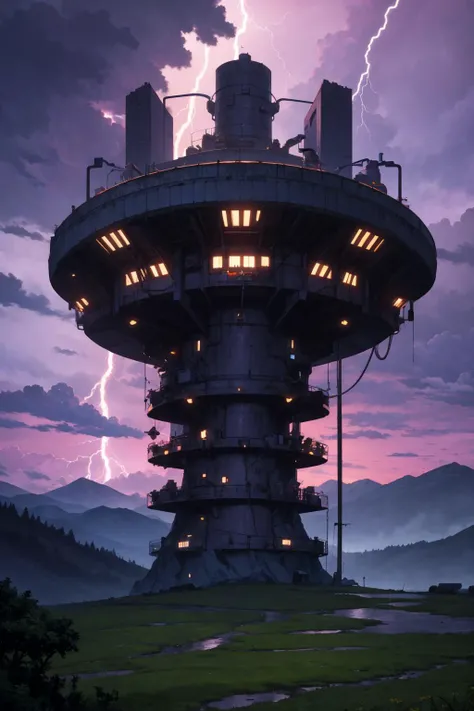 masterpiece, best quality, no humans, thunderstorm, purple skies, mountainside, mad scientist's laboratory, futuristic, wide shot