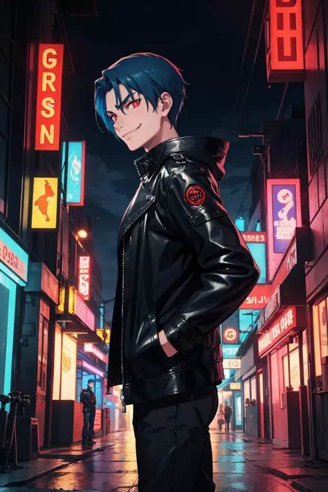 masterpiece, best quality, 1boy, blue hair, red eyes, glowing eyes, black leather jacket, hands in pockets, city at night, neon signs, looking at viewer, smirk, from side, cyberpunk