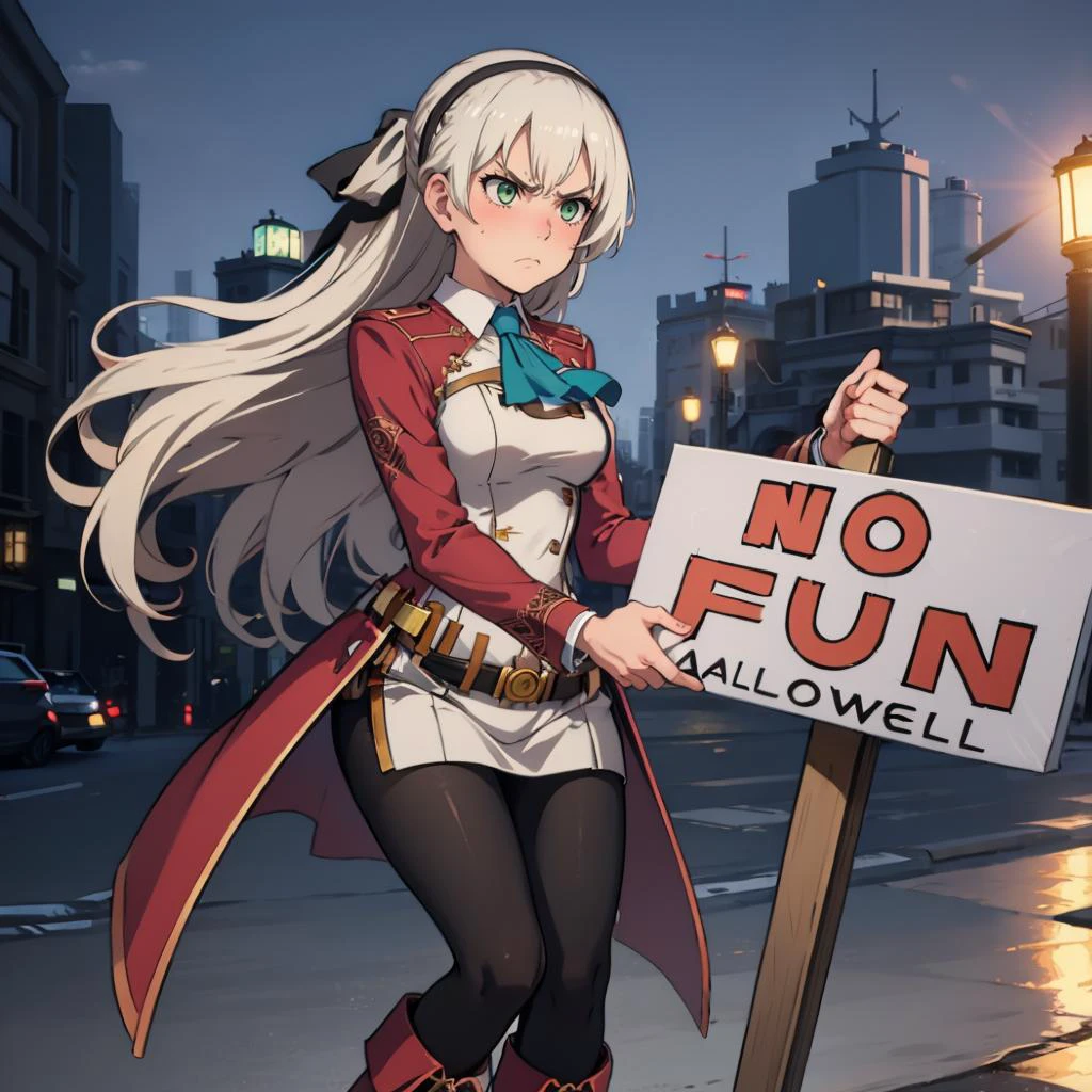 masterpiece, best quality, <lora:NoFunAllowedMemeV2:1> IncrsNFAMeme, sign <lora:elie-nvwls-v2-zero:0.8> elie macdowell, green eyes, hairband, blue ascot, hair ribbon, long sleeves, belt, pantyhose, white boots, angry, furrowed brow, frown