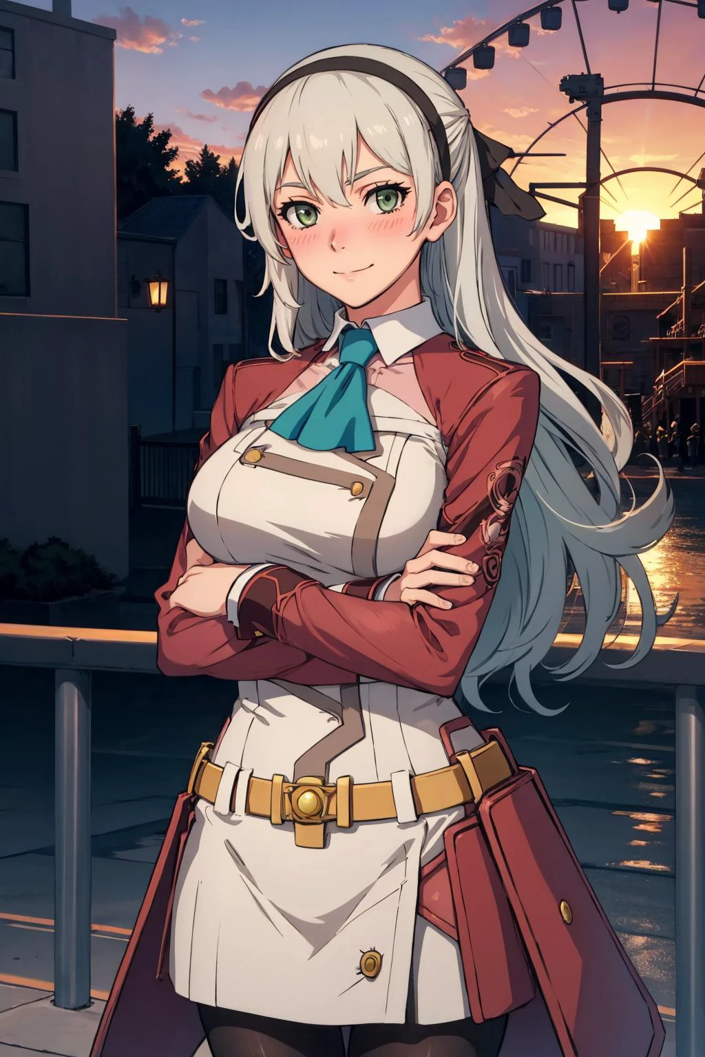 masterpiece, best quality, elie macdowell, green eyes, hairband, blue ascot, hair ribbon, long sleeves, belt, pantyhose, cowboy shot, amusement park, slight smile, crossed arms, blushing, sunset, ferris wheel <lora:elie-nvwls-v2-zero:1>