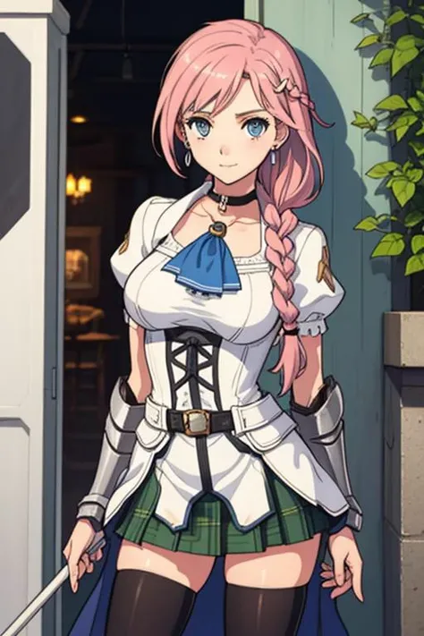 in park, (pink hair, braided ponytail, blue ascot, school uniform, plaid skirt, black thighhighs, soniablanche, earrings, hair ornament, veil, armored dress, pauldrons, breastplate, gauntlets, skirt, belt, black thighhighs, defManuela, choker, fur trim, white robe, o-ring dress), thighhighs, 1girl, masterpiece, best quality, cowboy shot, seductive smile, tony taka, OverallDetail, ((slim, contrapposto, standing, earrings, necklace, looking at viewer, adult)), large breast, cleavage, tony taka, Fixhand, OverallDetail, negative_hand, tony taka, Fixhand