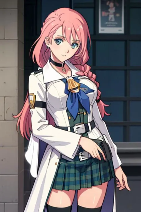 in park, (indonesian clothes, twin braid, pink hair, braided ponytail, blue ascot, school uniform, plaid skirt, black thighhighs, soniablanche, earrings, hair ornament, veil, armored dress, pauldrons, breastplate, gauntlets, skirt, belt, black thighhighs, defManuela, choker, fur trim, white robe, o-ring dress), thighhighs, 1girl, masterpiece, best quality, cowboy shot, seductive smile, tony taka, OverallDetail, ((slim, contrapposto, standing, earrings, necklace, looking at viewer, young adult)), large breast, cleavage, tony taka, Fixhand, OverallDetail, negative_hand, tony taka, Fixhand