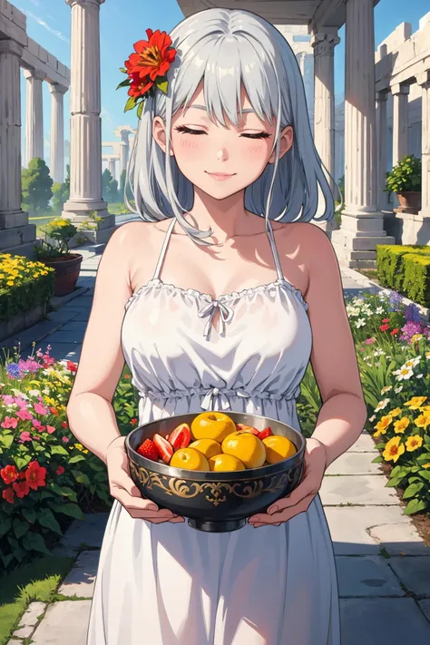 masterpiece, best quality, 1girl, silver hair, hair flowers, white sundress, closed eyes, holding a large bowl of fruit, serene smile, temple, greek architecture, garden, flowers