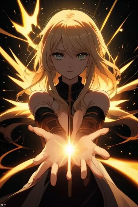 Blonde woman ,long hair , lost sight, poker face, full shot++, white laser wings++, electric sparks, golden light eyes++, looking at viewer, showing hands