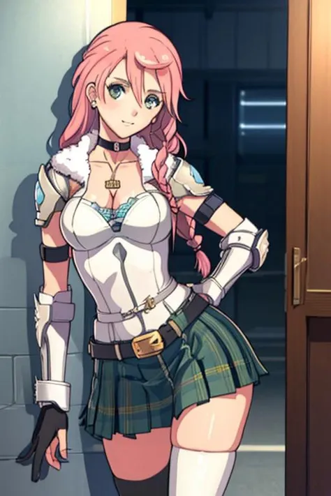 in park, (indonesian clothes, twin braid, pink hair, braided ponytail, blue ascot, school uniform, plaid skirt, black thighhighs, soniablanche, earrings, hair ornament, veil, armored dress, pauldrons, breastplate, gauntlets, skirt, belt, black thighhighs, defManuela, choker, fur trim, white robe, o-ring dress), thighhighs, 1girl, masterpiece, best quality, cowboy shot, seductive smile, tony taka, OverallDetail, ((slim, contrapposto, standing, earrings, necklace, looking at viewer, young adult)), large breast, cleavage, tony taka, Fixhand, OverallDetail, negative_hand, tony taka, Fixhand