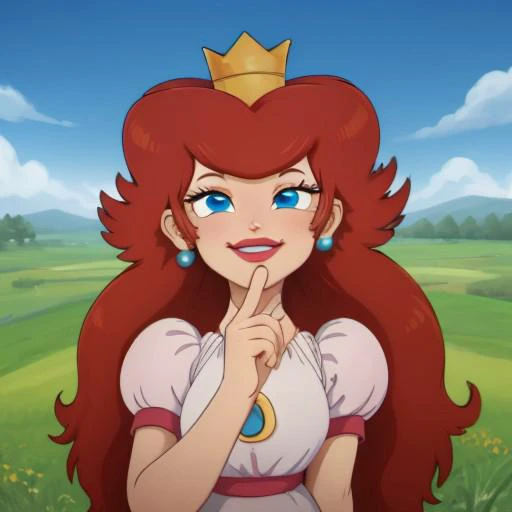masterpiece, best quality, 1girl, princesstoadstool, brown hair, long hair, blue eyes, crown, dress, earrings, lipstick, puffy short sleeves, upper body, looking at viewer, grass, blue sky, meadow background <lora:PrincessToadstool:1>smile,looking at viewer,winking, blowing a kiss to the viewer,