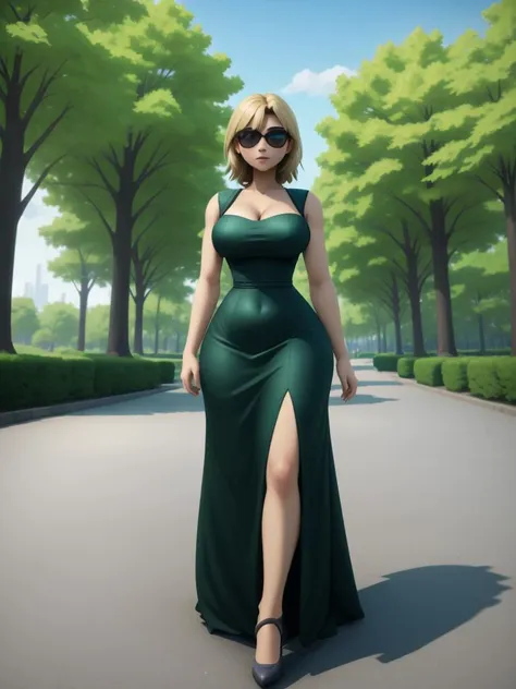 human woman, dress, outdoors, park, TGJ, expert shading, no lineart, soft shading,