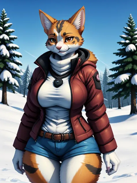 calico cat woman, body fur, snow, jacket,tail,  winter, outdoors, TGJ, expert shading, no lineart, shorts, soft shading,