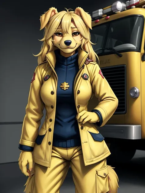 golden retriever, furry, furry female, coat, blonde hair, mouth closed, floppy dog ears, pants, long hair, firefighter,