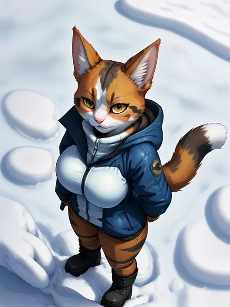 calico cat woman, from above, snow jacket