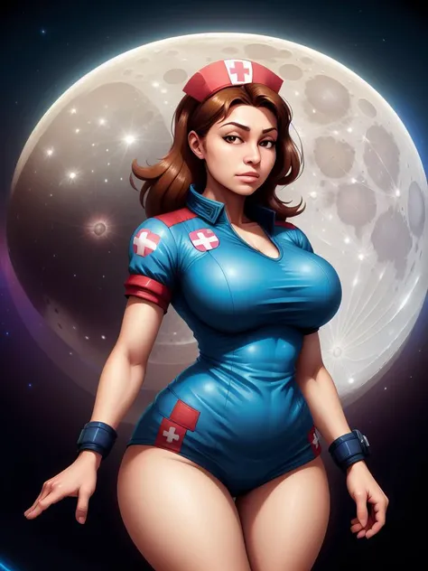 woman, upper torso, space station, moon, stars, planets, nurse, human, TGJ
