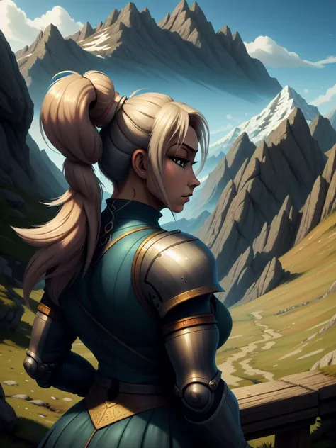 Detailed Refined Intricate Gradients, 1girl, knight, facing away, mountain path, wide shot, ponytail, background, mountains, TGJ