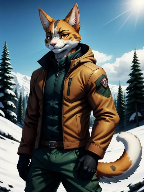 calico cat man, animal tail, tail, fur, furry, furry male, anthro, jacket, outdoors, pants, gloves, TGJ