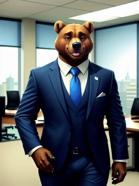 bear man, anthro, suit and tie, blue eyes, happy, indoors, office TGJ