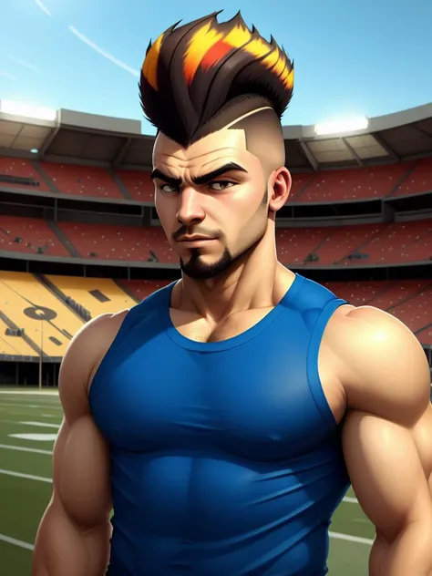 mohawk, man, blue tanktop, football field, TGJ