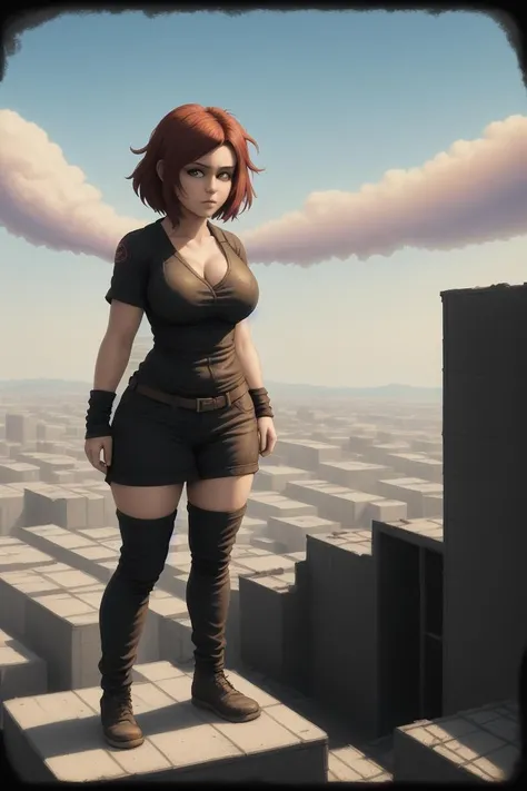 (from above), environment focus, Detailed Refined Intricate, stencil pastel, 1girl, standing on a roof in a ruined city, plane, fires, redshift style, analog style,