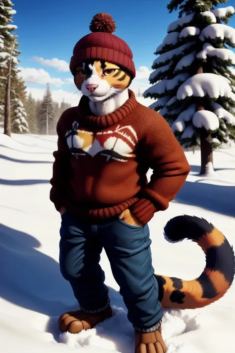 painting of a calico cat man, anthro, furry, furry male, mature male, sweater, snow, beanie, tail, TGJ, expert shading, no lineart, soft shading,