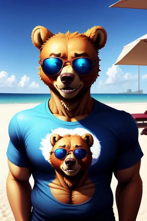 painting of a bear man with sun glasses, t-shirt, beach, expert shading, no lineart, soft shading,