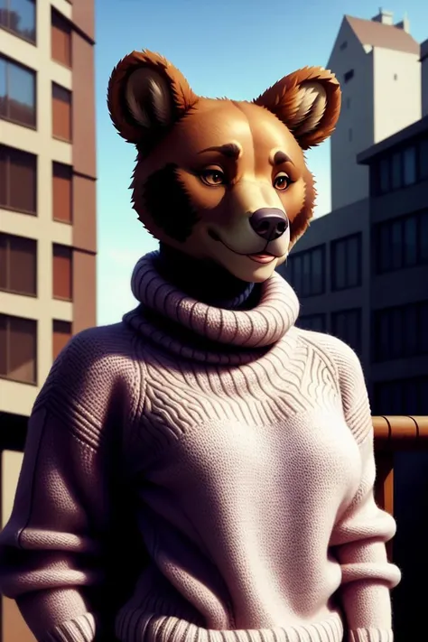 painting of a bear woman, turtle neck sweater, smiling, expert shading, no lineart, soft shading,