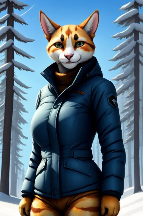 calico cat woman, body fur, snow, jacket, winter, outdoors, TGJ, expert shading, no lineart, soft shading,