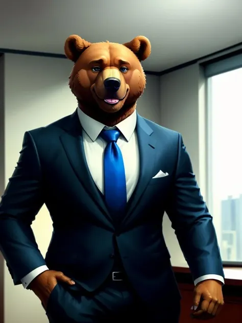 bear man, anthro, suit and tie, blue eyes, happy, indoors, office TGJ