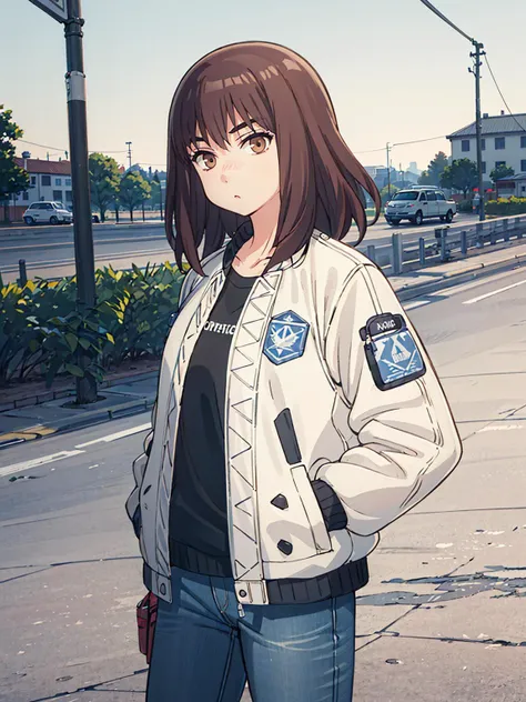 1girl, solo, cowboy shot, standing, brown eyes, brown hair, medium hair, straight hair, :o, closed mouth, ((official outfit, white jacket, open jacket, light blue denim, black shirt)), hands in pockets, <lora:tenma_kiruko-Lion-V1-000015:1>
outdoors, day, town, road,