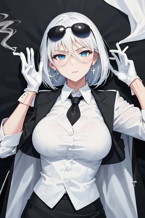 best quality, masterpiece, highres, solo, {black business suit:1.40}, {tie:1.20}, {sunglasses:1.25}, {white gloves:1.15}, {white shirt:1.10}, {black skirt:1.15}, {smoking:1.20}, handsome, {tirpitz_azurlane:1.15}, blue_eyes, hair_between_eyes, short_hair, , white_hair, large_breasts, earrings, jewelry, cross, cross_earrings, bangs
