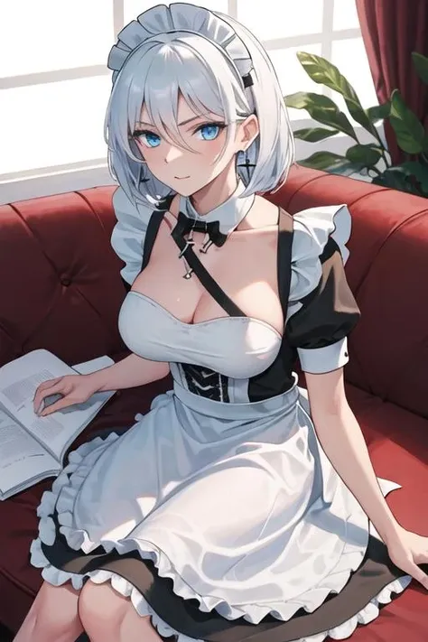 best quality, masterpiece, highres, solo, {maid:1.40}, {long maid dress:1.15}, {tirpitz_azurlane:1.15}, blue_eyes, hair_between_eyes, short_hair, , white_hair, large_breasts, earrings, jewelry, cross, cross_earrings, bangs