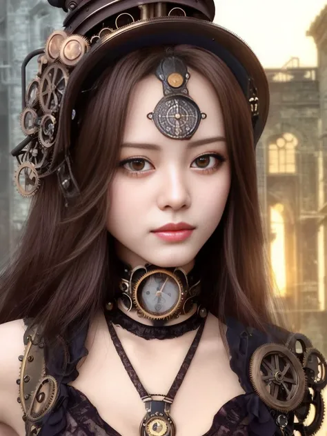 photo of woman, tzuyu-3000, (front to camera), detailed european face, (aspiring facial expression), (((steampunk style close))), ((steampunk city on the background)), RAW, analog style, ultra detailed photograph, cinematic lighting, artstation, 4k, sharp focus, high resolution, detailed skin, detailed eyes,
