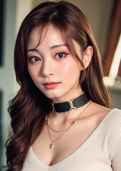 (close up portrait:1.3) of ((tzuyu-3000)), 1girl, (8k, best quality, masterpiece:1.2), (realistic, photo-realistic:1.37), ultra-detailed, 1 girl,cute, solo, look at viewer, blush, shy, , A choker belt on a girl's neck, earring, necklace, chain attached, thick iron chains,