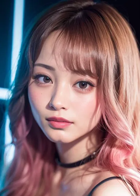 (close up portrait:1.3) of ((tzuyu-3000)), 1girl, (8k, best quality, masterpiece), (realistic, photo-realistic:1.5), ultra-detailed, 1 girl,cute, solo, look at viewer, ((long pink)) curly hair, red tie, stage lighting, neon lighting, dramatic reflections, smile