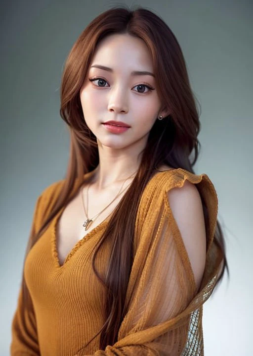 ((tzuyu-3000)), 1girl, (8k, best quality, masterpiece:1.2), (realistic, photo-realistic:1.37), ultra-detailed, 1 girl, solo, look at viewer, long hair, wind, deep V dress, yellow background, (upper body), necklace