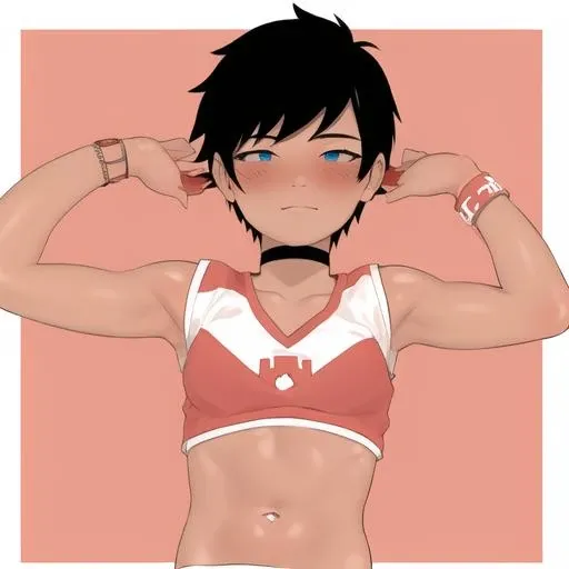 <lora:cheer_sd:1>, ch33r, 1girl, bare arms, midriff, red outfit, wristband, dark skin, tomboy, short black hair