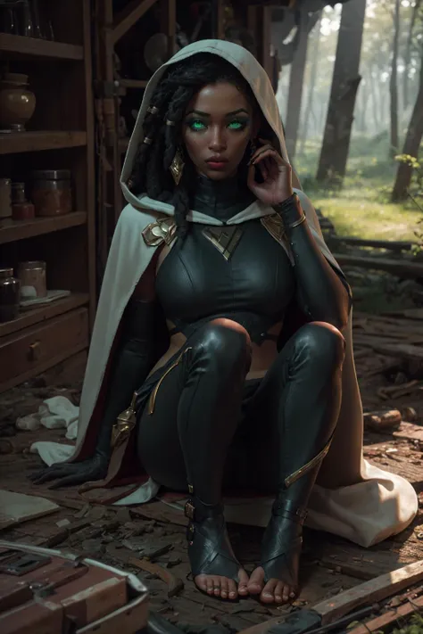 photography, ultra realistic, 1girl, green eyes, dreadlocks, hooded cape, eyeshadow, eyelashes, eyeliner, ultra glossy lipstick, (pouty lips:1.2), makeup, freckles, blush, (skindentation), sexy pose, full body shot, barefoot, detailed clothes, beautifully detailed woman, extremely detailed eyes and face, beautiful detailed eyes, forest background, (bokeh, UHD, HDR, highres, ultra detailed, intricate details, textural effects, absurdres, masterpiece, 8k:1.2), <lora:sennaLeagueOfLegends_v10:0.7>