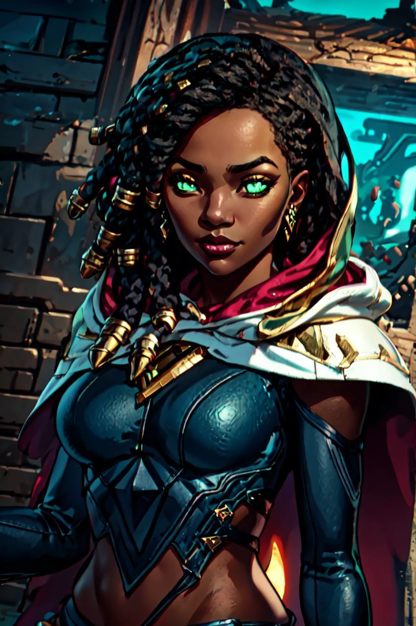 senna \(league of legends\), 1girl, dark-skinned female, dreadlocks, hooded cape, green eyes, solo, detailed face, ultra detailed eyes, looking at viewer, cowboy shot, upper body, lich, necromancer, undead, brightness, light rays, lamp, wasteland, mountain, (masterpiece:1.2, best quality) <lora:senna:1>
