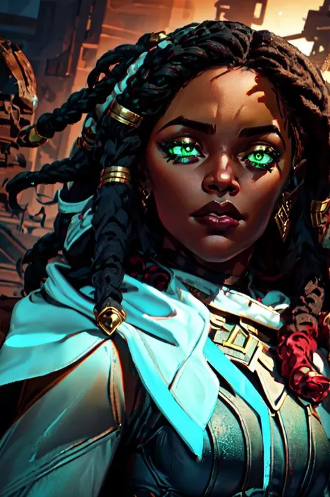 senna \(league of legends\), 1girl, dark-skinned female, dreadlocks, hooded cape, green eyes, solo, detailed face, ultra detailed eyes, looking at viewer, cowboy shot, upper body, lich, necromancer, undead, brightness, light rays, lamp, wasteland, mountain, (masterpiece:1.2, best quality) <lora:senna:1>