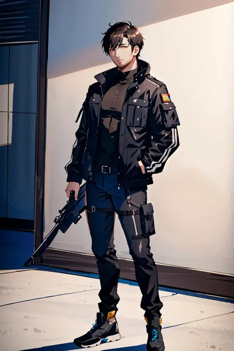 (masterpiece:1.2, best quality:1.2), full body, (A 30-year-old man:1.2), male_focus, solo, (muscular male:1.2), Tall and muscular build with short black hair and dark brown eyes. He wears a skin-tight black bodysuit underneath a tactical military jacket and pants. The jacket has multiple pockets to store weapons and supplies,, Ray Tracing, Global Illumination, An Extremely Delicate And Beautiful, Best Shadows, Shallow Depth of Field, Brilliant Colorful Paintings, Dramatic Shadow, Dramatic Lighting, sharp focus, (8k), (4k), extremely detailed, intricate, hyper detailed,