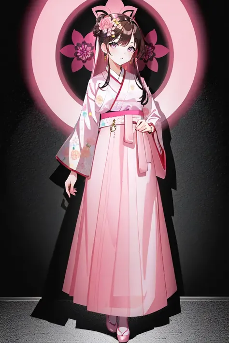 (masterpiece:1.2, best quality:1.2), full body, forest, (see-through sleeves), (brown hair), bangs, long_hair, ((pink hair_streak)), (pink hanbok:1.3), ((flower_patterns skirt)), (pink skirt : 1.3), bracelet, cornrows, Ray Tracing, Global Illumination, An Extremely Delicate And Beautiful, Best Shadows, Shallow Depth of Field, Brilliant Colorful Paintings, Dramatic Shadow, Dramatic Lighting, sharp focus, (8k), (4k), extremely detailed, intricate, hyper detailed,