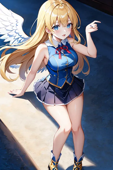 (masterpiece:1.2, best quality:1.2), full body, Aria has waist-length blonde hair that is often styled into loose waves, and sparkling bright blue eyes that reflect her optimism. Her skin is fair and rosy-cheeked, and she has a slender yet muscular physique that reflects her active lifestyle. She wears a white sleeveless shirt with a blue ribbon and a white pleated skirt that falls just above her knees. Aria's pure white wings are always visible on her back, signifying her status as an angel, Ray Tracing, Global Illumination, An Extremely Delicate And Beautiful, Best Shadows, Shallow Depth of Field, Brilliant Colorful Paintings, Dramatic Shadow, Dramatic Lighting, sharp focus, (8k), (4k), extremely detailed, intricate, hyper detailed,