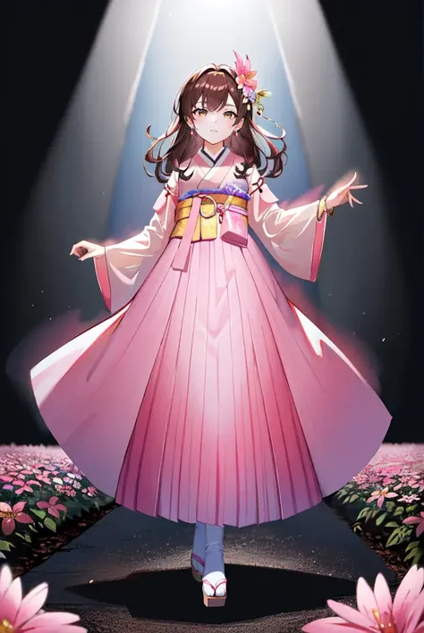 (masterpiece:1.2, best quality:1.2), full body, forest, (see-through sleeves), (brown hair), bangs, long_hair, ((pink hair_streak)), (pink hanbok:1.3), ((flower_patterns skirt)), (pink skirt : 1.3), bracelet, cornrows, Ray Tracing, Global Illumination, An Extremely Delicate And Beautiful, Best Shadows, Shallow Depth of Field, Brilliant Colorful Paintings, Dramatic Shadow, Dramatic Lighting, sharp focus, (8k), (4k), extremely detailed, intricate, hyper detailed,