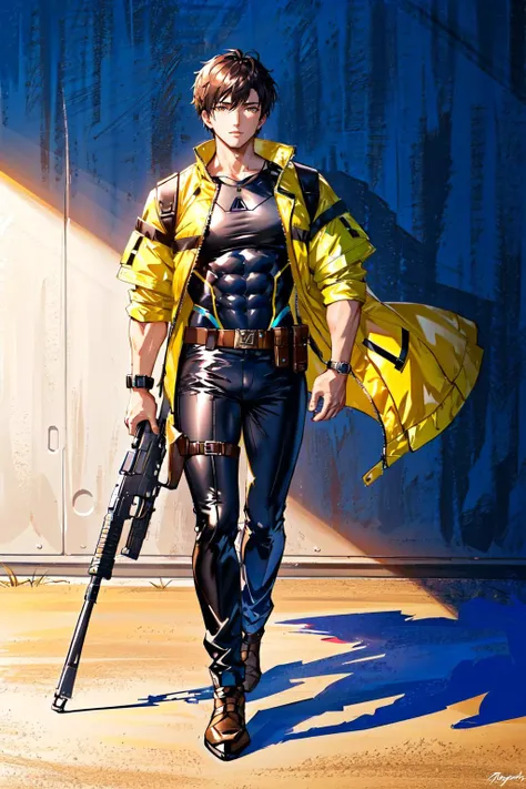 (masterpiece:1.2, best quality:1.2), full body, Wild West Backgrounds, (A 27-year-old man ), male_focus, solo, (muscular male:1.2), Tall and muscular build with short black hair and dark brown eyes. He wears a skin-tight black bodysuit underneath a tactical military jacket and pants. The jacket has multiple pockets to store weapons and supplies,, Ray Tracing, Global Illumination, An Extremely Delicate And Beautiful, Best Shadows, Shallow Depth of Field, Brilliant Colorful Paintings, Dramatic Shadow, Dramatic Lighting, sharp focus, (8k), (4k), extremely detailed, intricate, hyper detailed,