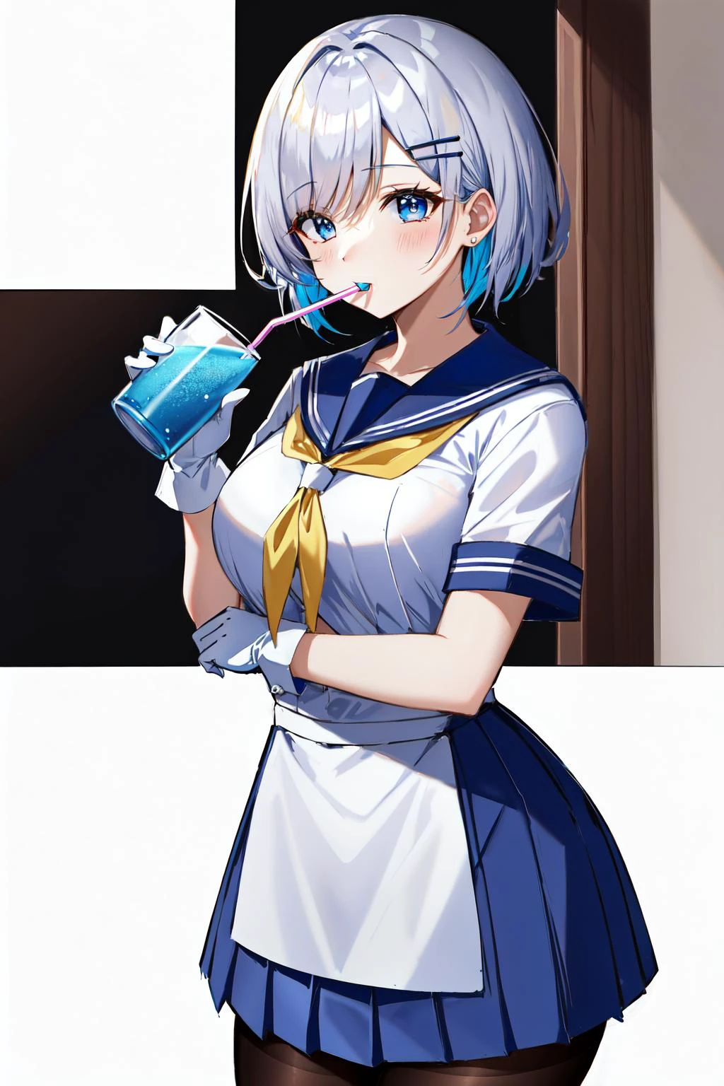 (masterpiece:1.2, best quality), (cowboy shot:1.1), stand, full_body, 1girl, ass_visible_through_thighs, black_legwear, blank_eyes, blue_eyes, blue_skirt, blush, chibi, cowboy_shot, drinking, drinking_straw, gloves, hair_ornament, hair_over_one_eye, hairclip, juice_box, milk, mouth_hold, multiple_views, neckerchief, pantyhose, pleated_skirt, school_uniform, serafuku, short_hair, short_sleeves, silver_hair, simple_background, skirt, solo_focus, thighband_pantyhose, white_background, white_gloves, white_hair, yellow_neckerchief,, Ray Tracing, Global Illumination, An Extremely Delicate And Beautiful, Best Shadows, Shallow Depth of Field, Brilliant Colorful Paintings, Dramatic Shadow, Dramatic Lighting, sharp focus, (8k), (4k), extremely detailed, intricate, hyper detailed,, Ray Tracing, Global Illumination, An Extremely Delicate And Beautiful, Best Shadows, Shallow Depth of Field, Brilliant Colorful Paintings, Dramatic Shadow, Dramatic Lighting, sharp focus, (8k), (4k), extremely detailed, intricate, hyper detailed,