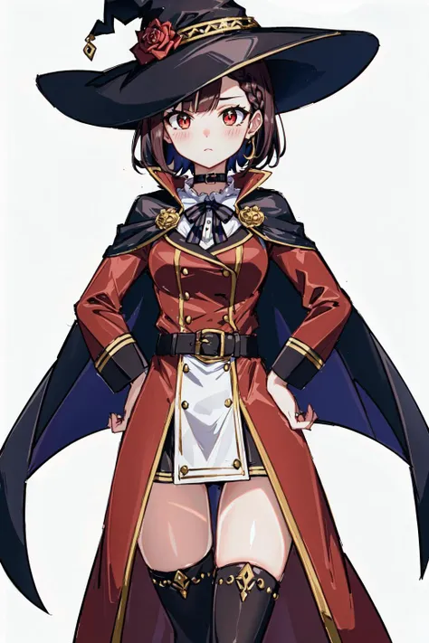 (masterpiece:1.2, best quality:1.2), (cowboy shot:1.1), stand, full_body, 1girl, asymmetrical_bangs, asymmetrical_legwear, bandaged_leg, bandages, bangs, belt, black_legwear, blunt_bangs, blush, braid, brown_hair, buckle, button_eyes, cape, choker, dress, from_below, glint, hands_on_hips, hat, long_sleeves, looking_at_viewer, looking_down, mismatched_legwear, red_dress, red_eyes, short_hair, simple_background, single_braid, sleeves_past_wrists, solo, standing, stitches, tassel, thigh_gap, tsurime, white_background, witch_hat,, Ray Tracing, Global Illumination, An Extremely Delicate And Beautiful, Best Shadows, Shallow Depth of Field, Brilliant Colorful Paintings, Dramatic Shadow, Dramatic Lighting, sharp focus, (8k), (4k), extremely detailed, intricate, hyper detailed,, Ray Tracing, Global Illumination, An Extremely Delicate And Beautiful, Best Shadows, Shallow Depth of Field, Brilliant Colorful Paintings, Dramatic Shadow, Dramatic Lighting, sharp focus, (8k), (4k), extremely detailed, intricate, hyper detailed,, Ray Tracing, Global Illumination, An Extremely Delicate And Beautiful, Best Shadows, Shallow Depth of Field, Brilliant Colorful Paintings, Dramatic Shadow, Dramatic Lighting, sharp focus, (8k), (4k), extremely detailed, intricate, hyper detailed,