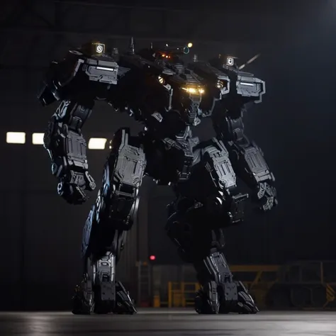 ultra-detailed,8K,detailed light,detailed shadow,RAW, (detailed skin),(realistic:1.2),a giant black mecha inside a hangar, at night